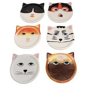 Vintage! Set Of 6 Bandwagon Ceramic Cat Face Coasters w/Original Box 2001